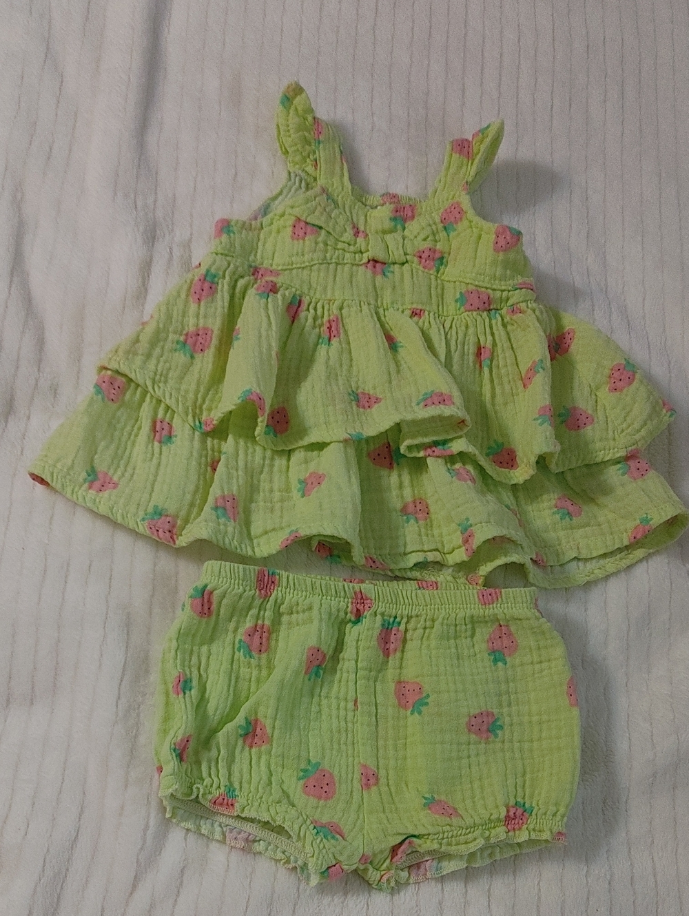 Koala Kids Lime Green Strawberry Print Ruffle Tank & Shorts Set